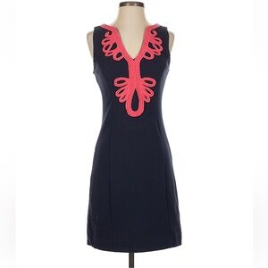 Lilly Pulitzer Janice navy blue body and coral soutache trim shiftdress Sz L